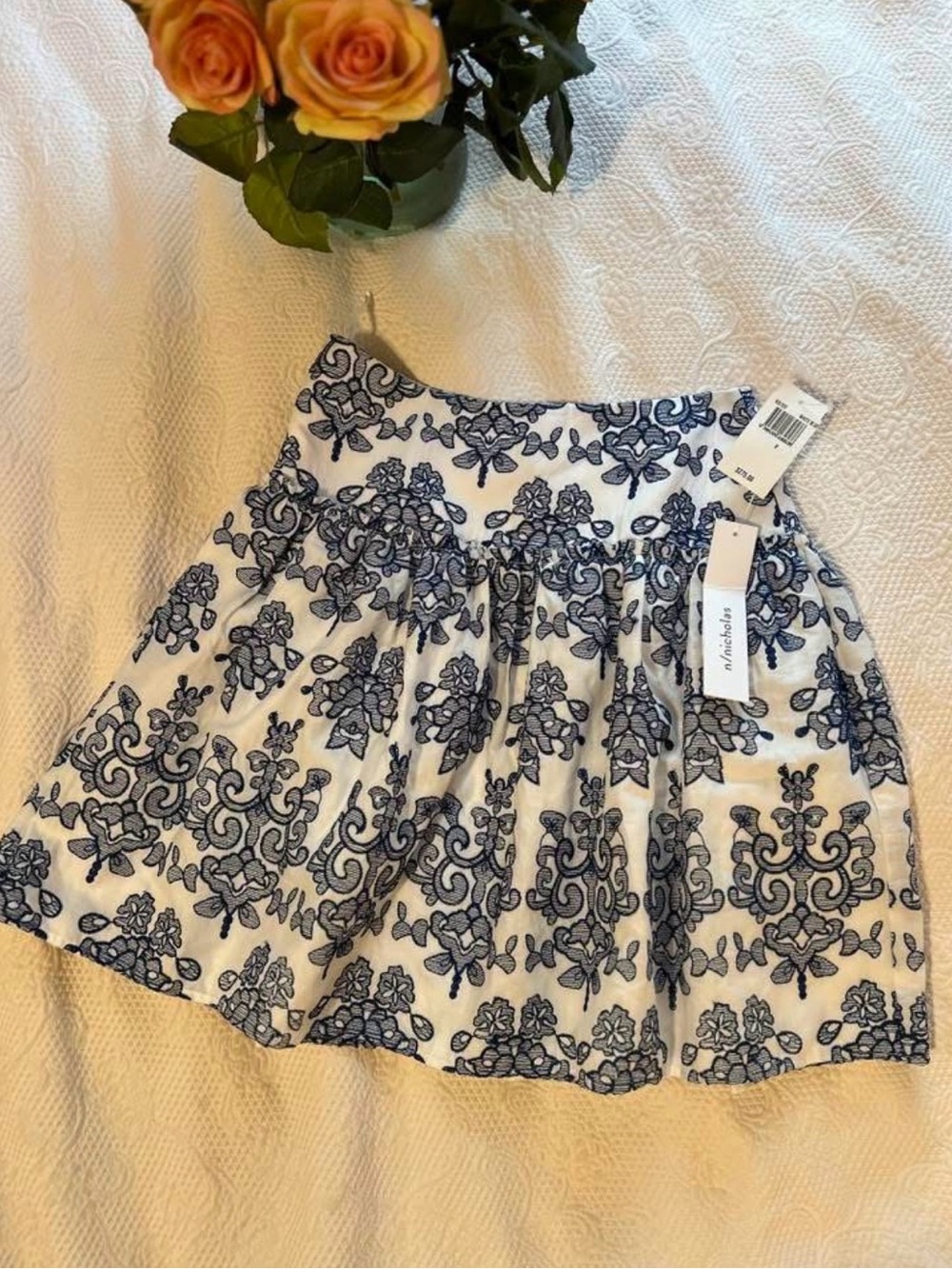 Blue & White Embroidered Tiered Mini Skirt